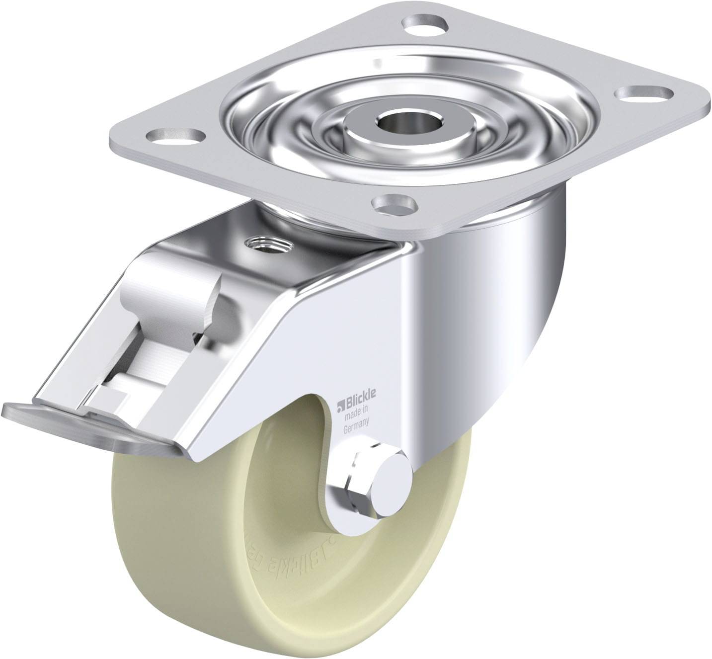 Schwenkrolle aus Metall mit hellem Rad und Tellplatte, geeignet für den Einsatz an Möbeln oder Geräten zur flexiblen Bewegung.