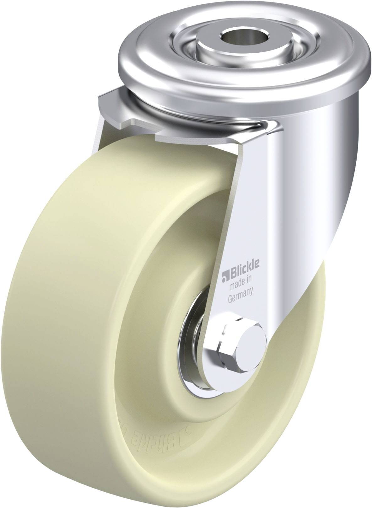 Eine Schwenkrolle mit Metallschelle und beigem Rad für industrielle Anwendungen. Hergestellt aus Edelstahl, geeignet für schwere Lasten.