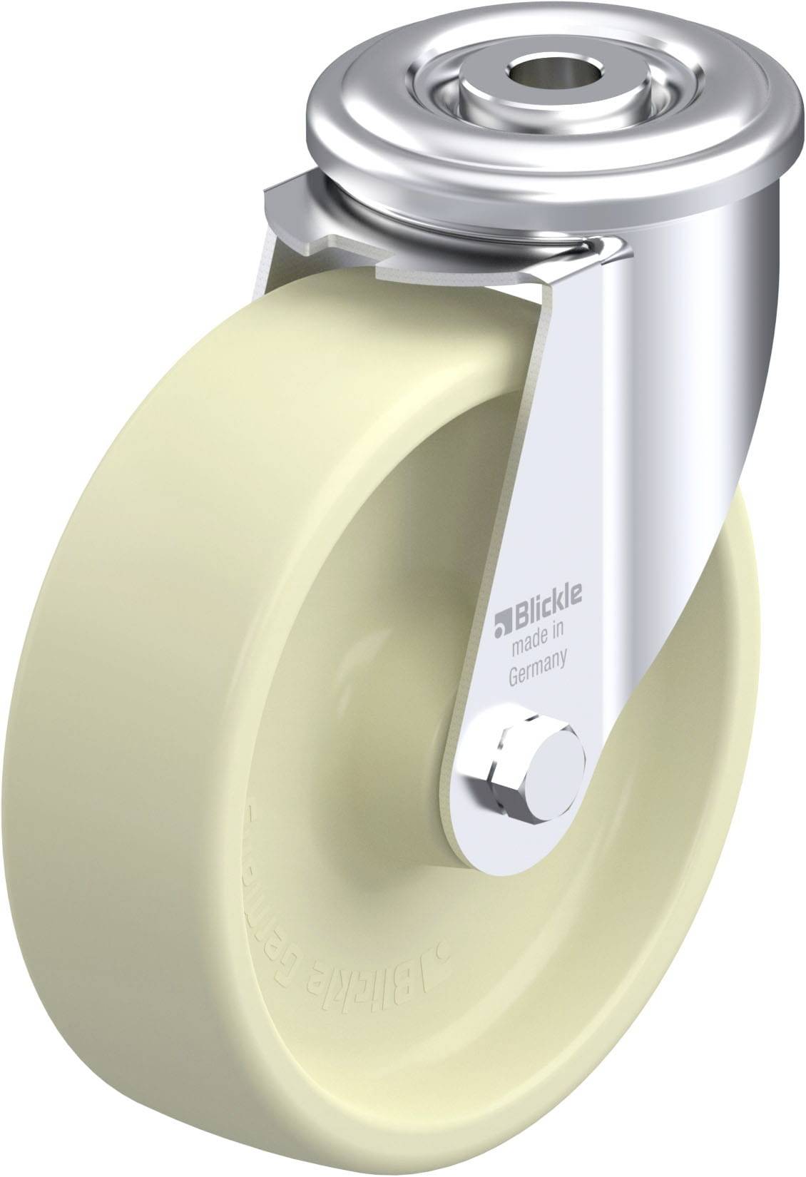 Industrie-Lenkrolle mit silbernem Metallgehäuse und beiger Kunststofffelge, geeignet für schwere Lasten.
