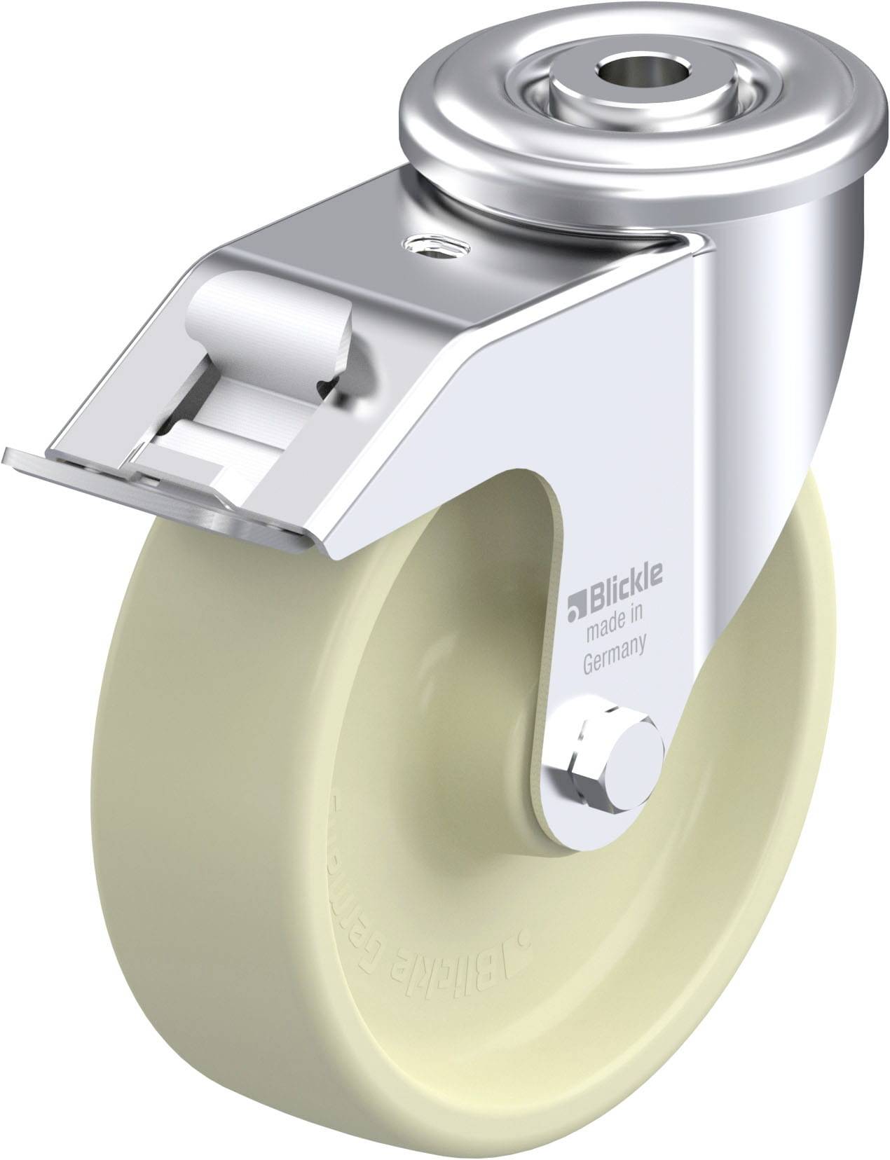 Schwenkrolle mit cremefarbenem Rad und silbernem Metallgehäuse, nützlich zum leichten Bewegen von Möbeln oder Geräten.