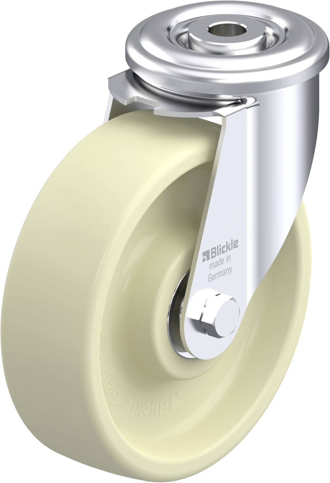 Rollenrad mit Metallgehäuse, cremefarbenes Rad, Aufschrift 'Blickle made in Germany' auf der Halterung. Geeignet für Möbel oder Geräte.