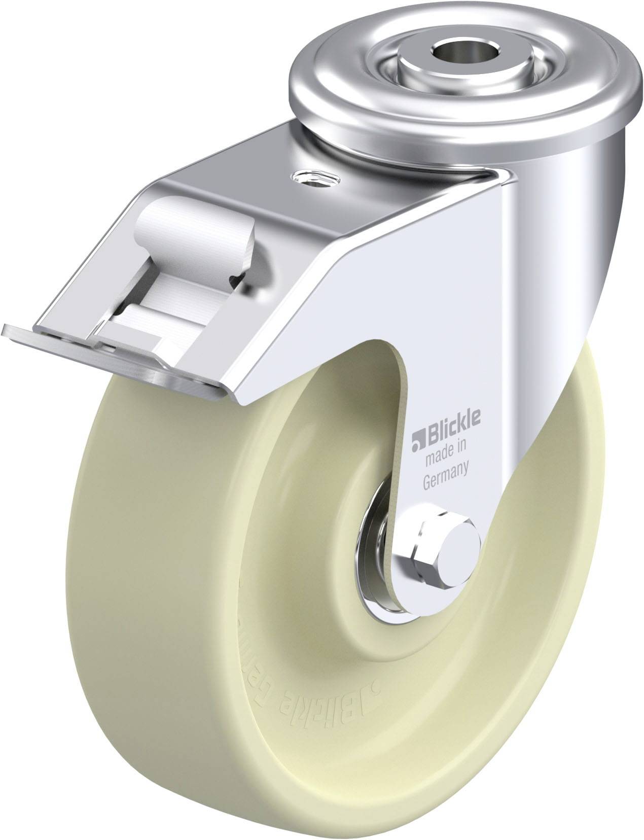 Schwenkrolle aus Metall und Kunststoff, geeignet für Möbel oder Transportgeräte. Helle Laufrolle und glänzendes Gehäuse.