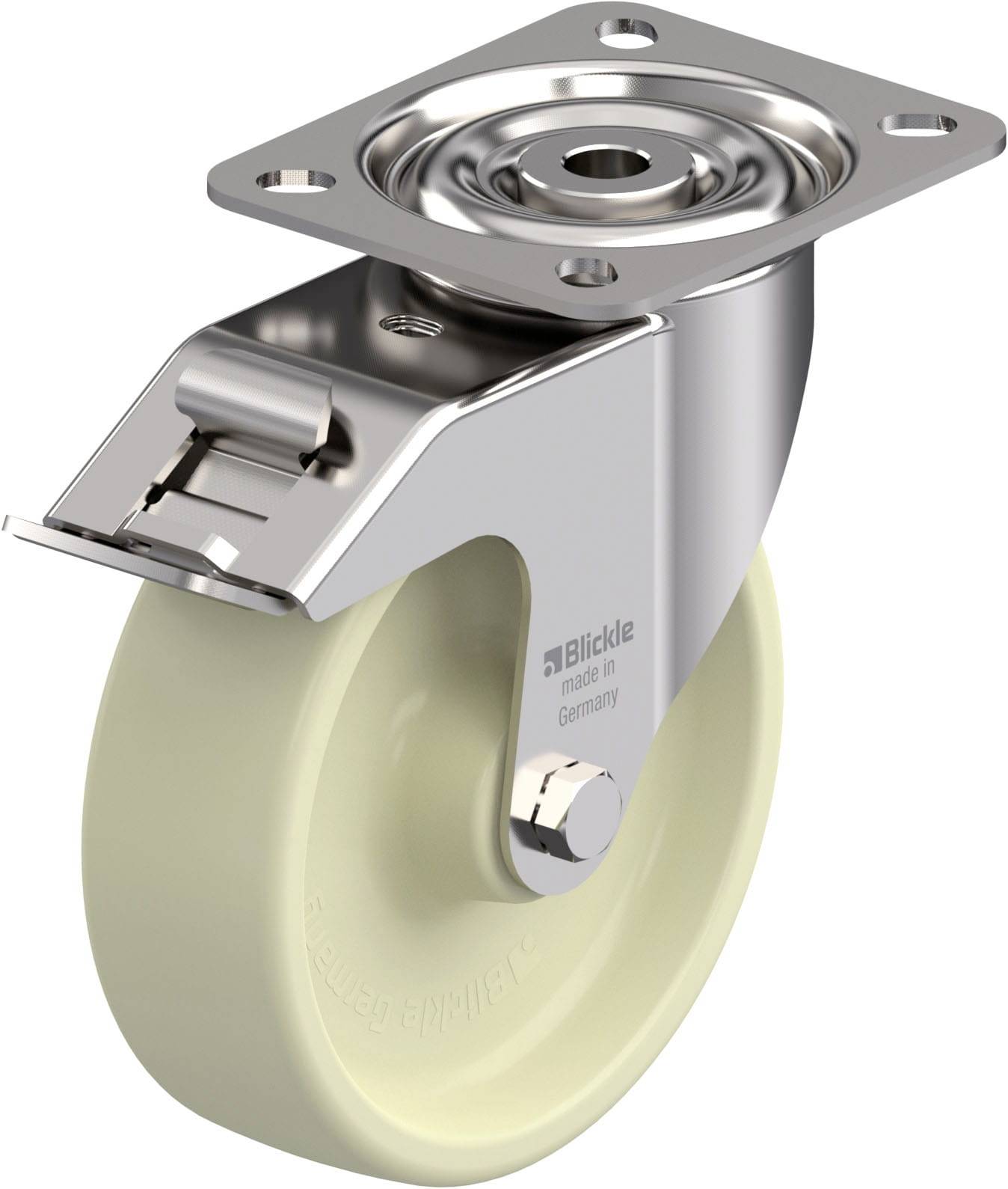 Ein drehbares Rad aus Metall mit einer hellen Kunststoffrolle und einem Befestigungsflansch, hergestellt von der Firma Blickle.