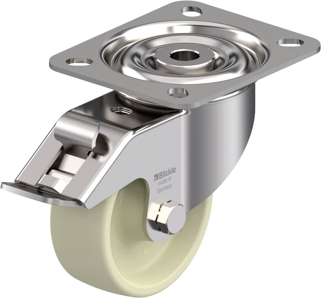 Metall-Rollenhalterung mit drehbarem Kopf und beige Rad. Dient zur Befestigung an Möbeln oder Geräten für Beweglichkeit.