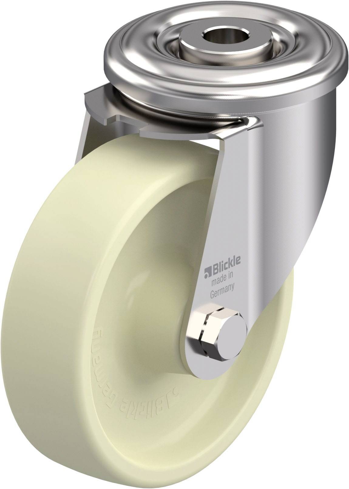 Ein Industrie-Lenkrolle aus Metall mit einem cremefarbenen Rad, hergestellt von Blickle. Sie ist für schwere Lasten geeignet.