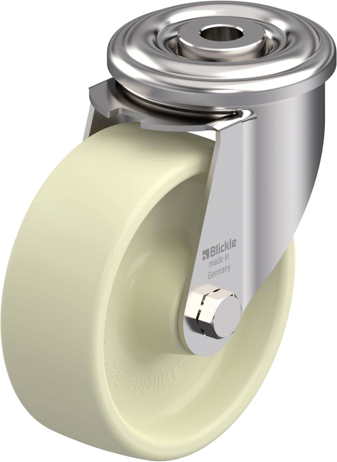 Ein einzelnes Rad mit Halterung aus Metall und Rolle aus Kunststoff, geeignet für leichte Lasten.