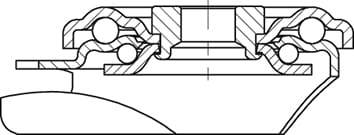 Querschnittszeichnung eines technischen Lagers mit Kugeln und Dichtungen, die komplexe interne Struktur und mechanische Details zeigen.