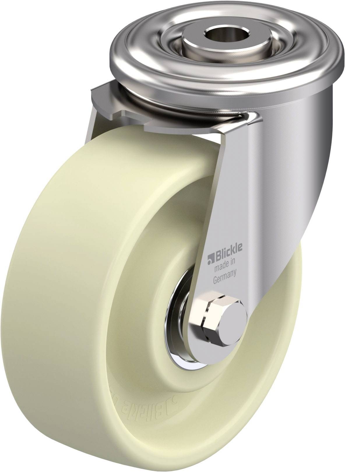 Metall-Rollenlager mit hellem Kunststoffrad, stabiler Halterung und Schriftzug 'Blickle' auf der Seitenfläche, industrielles Design.