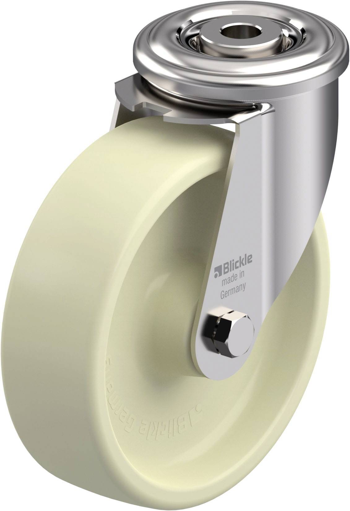 Schwenkrolle mit beigem Rad und Edelstahlgehäuse, Beschriftung 'Blickle made in Germany', für Industriegeräte.