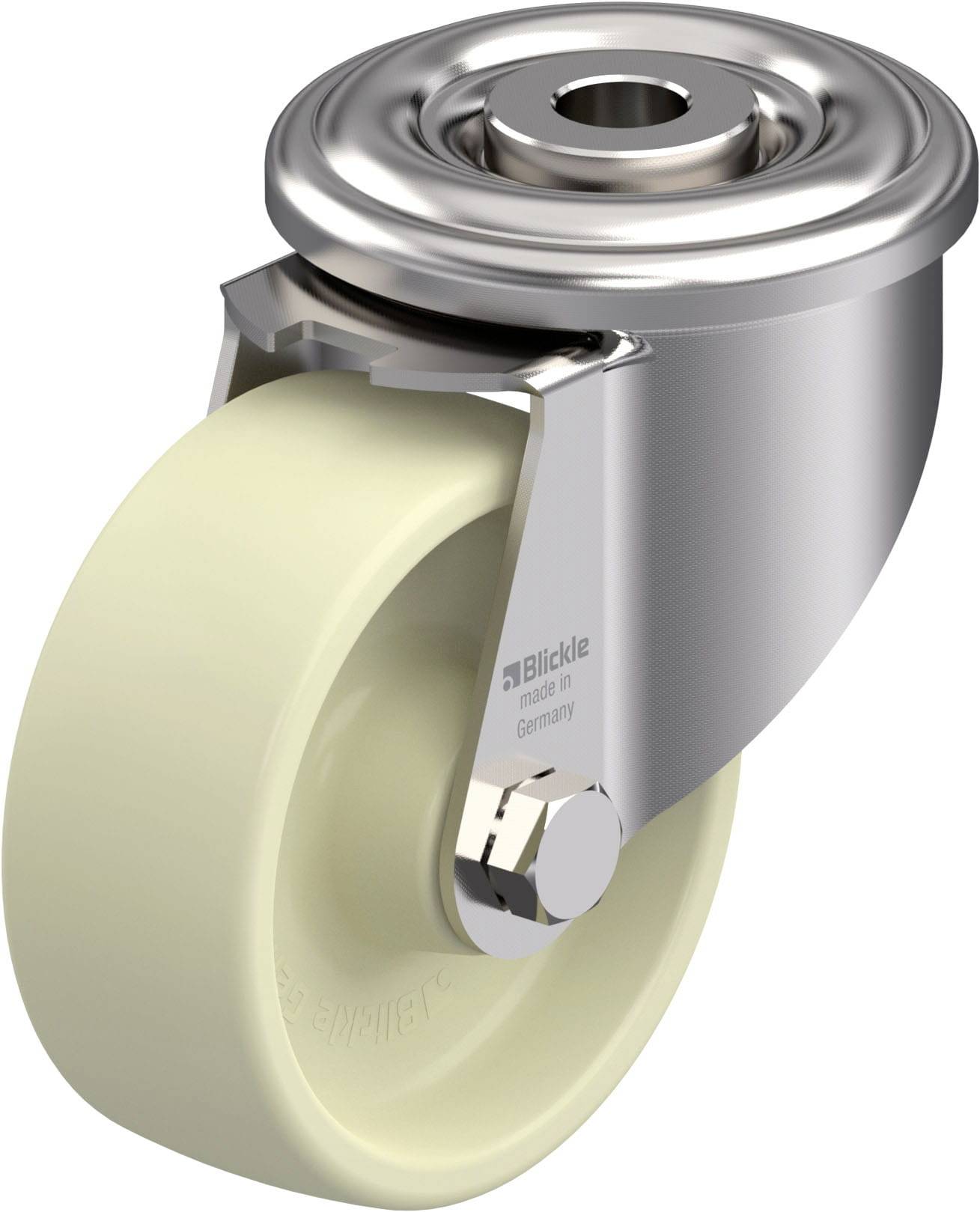 Rolle mit cremefarbenem Rad und silbernem Metallgehäuse, geeignet für Möbel oder Transportwagen. Aufschrift 'Blickle made in Germany'.