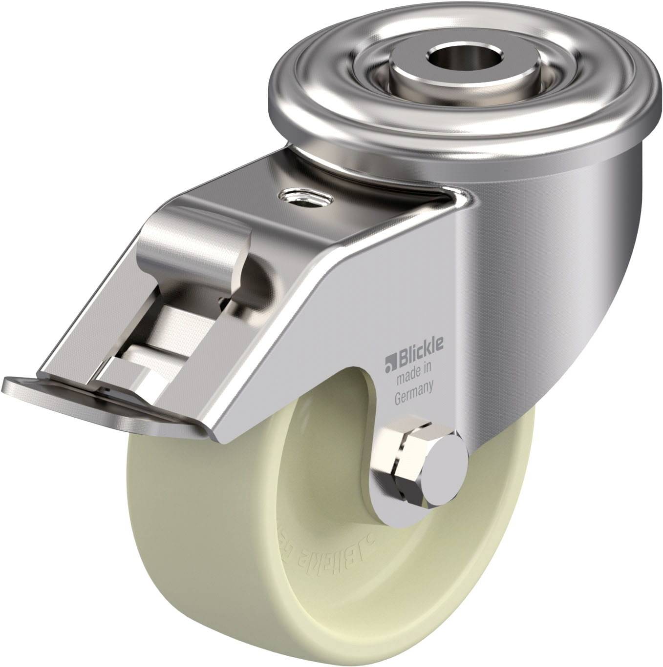 Schwenkrolle aus Metall mit cremefarbener Kunststoffbereifung. Geeignet für industrielle Anwendungen, robust und langlebig.