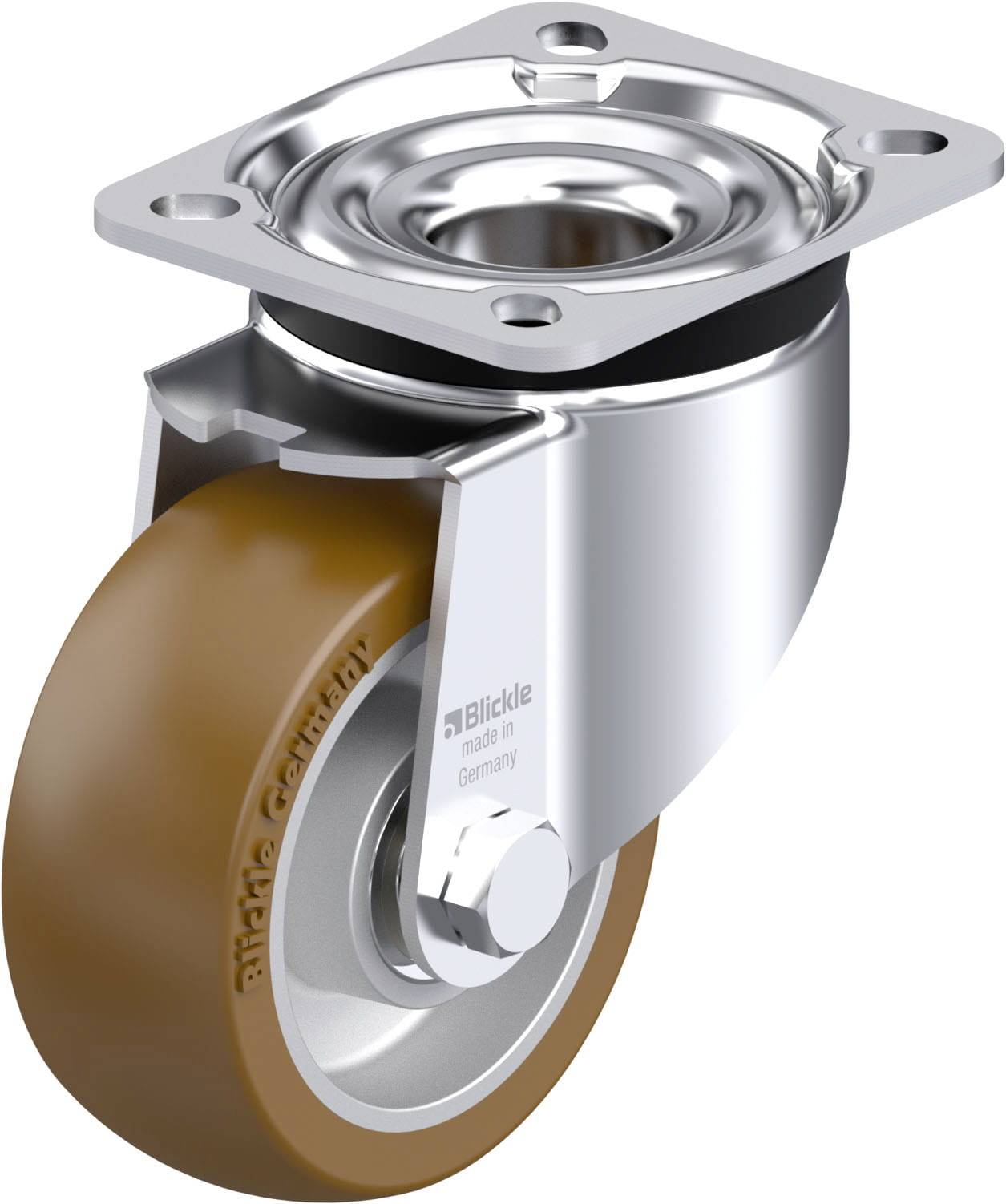 Schwenkrolle mit braunem Rad und Metallplatte oben. Geeignet für flexible Bewegung von Maschinen oder Möbeln.