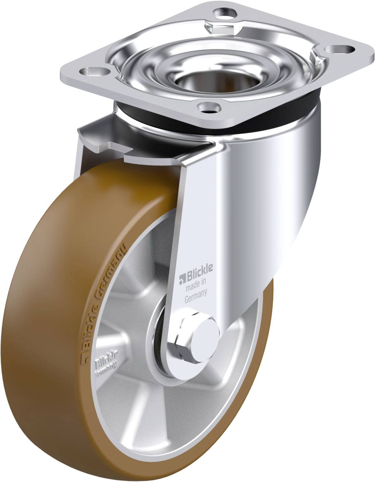Schwenkrolle mit braunem Rad und silbernem Gehäuse, robust aus Metall gefertigt.