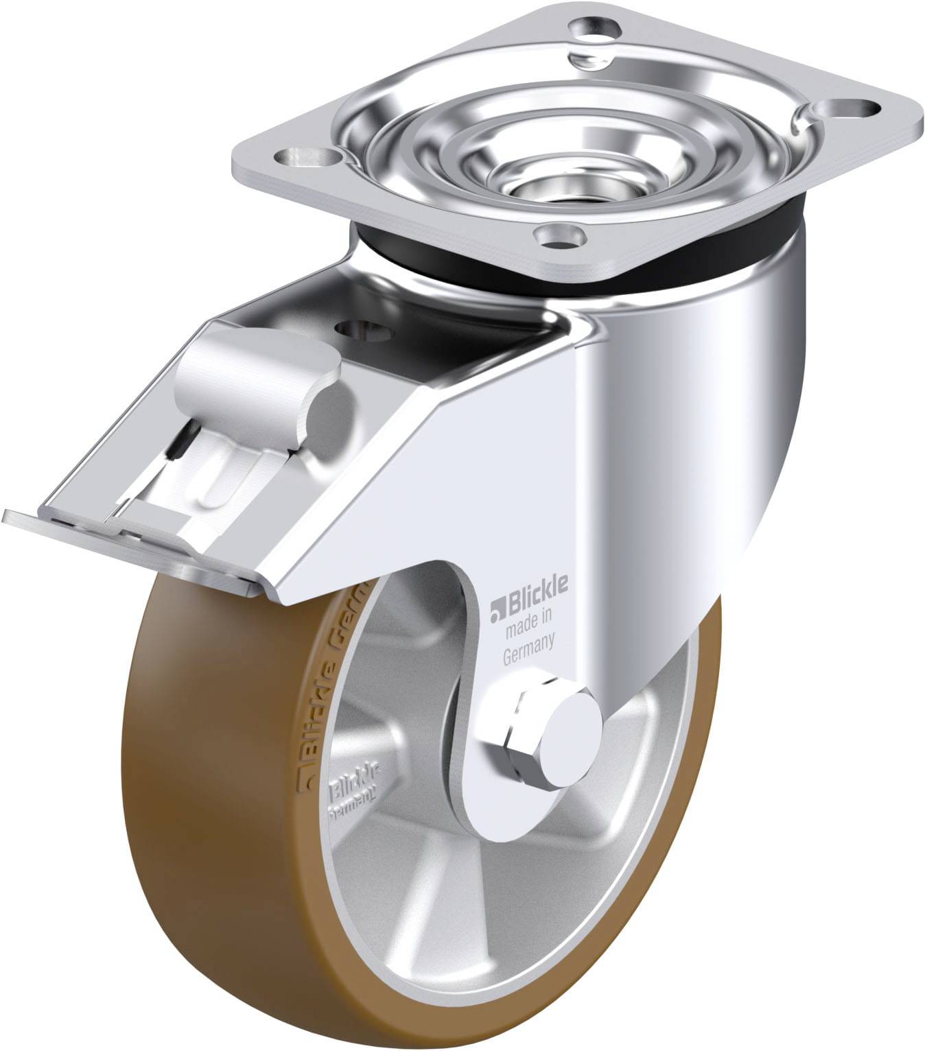 Schwenkrolle aus Metall mit braunem Rad und Befestigungsplatte, hergestellt in Deutschland, geeignet für Möbel oder Geräte.