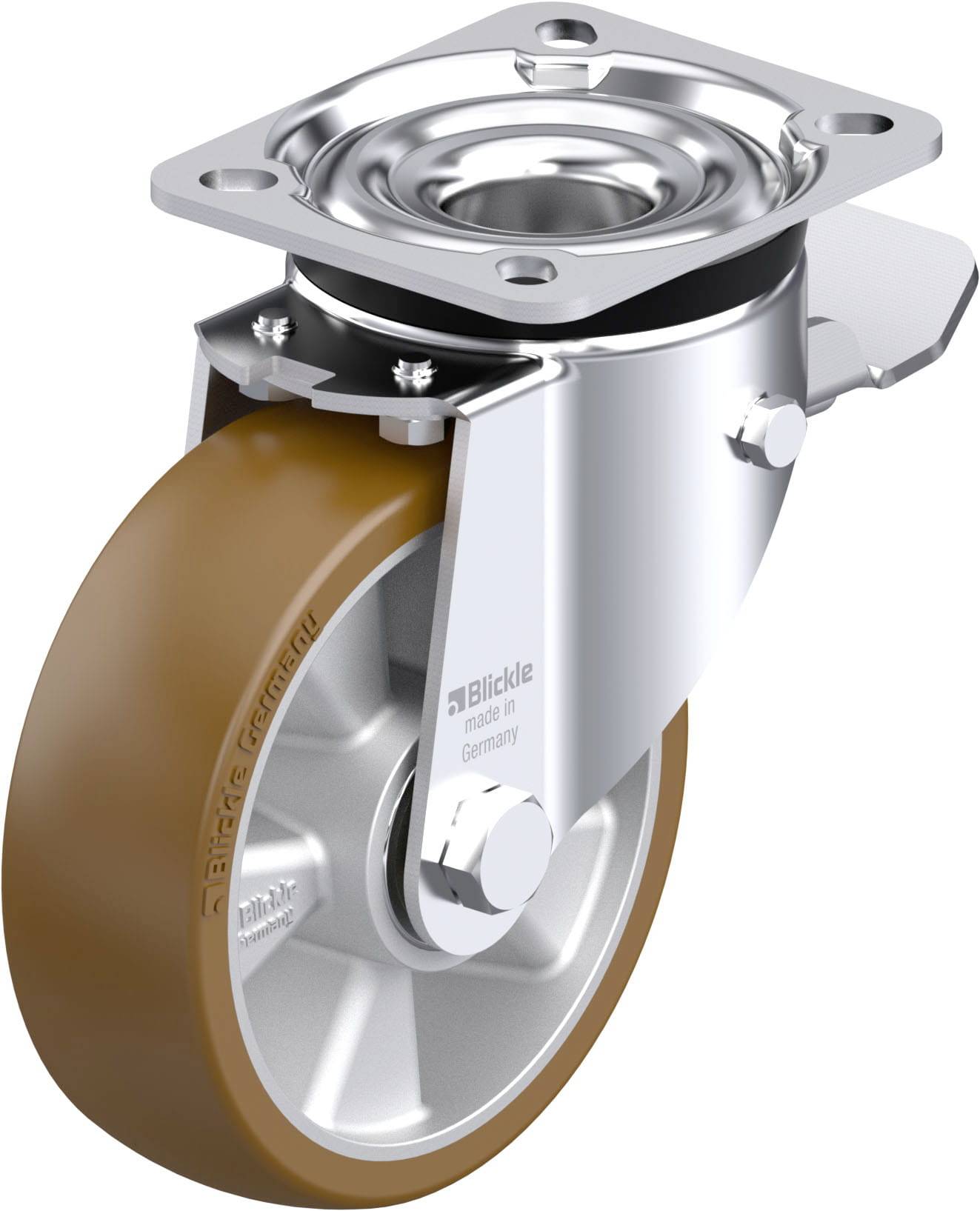 Industrie-Bockrolle aus Metall und Kunststoff mit braunem Rad, schwenkbar, für schwere Lasten auf glatten Böden.