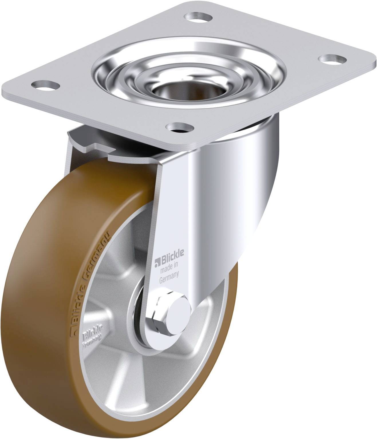 Drehbare Lenkrolle mit braunem Kunststoffrad und silberner Metallhalterung, geeignet für Möbel oder Transportgeräte.