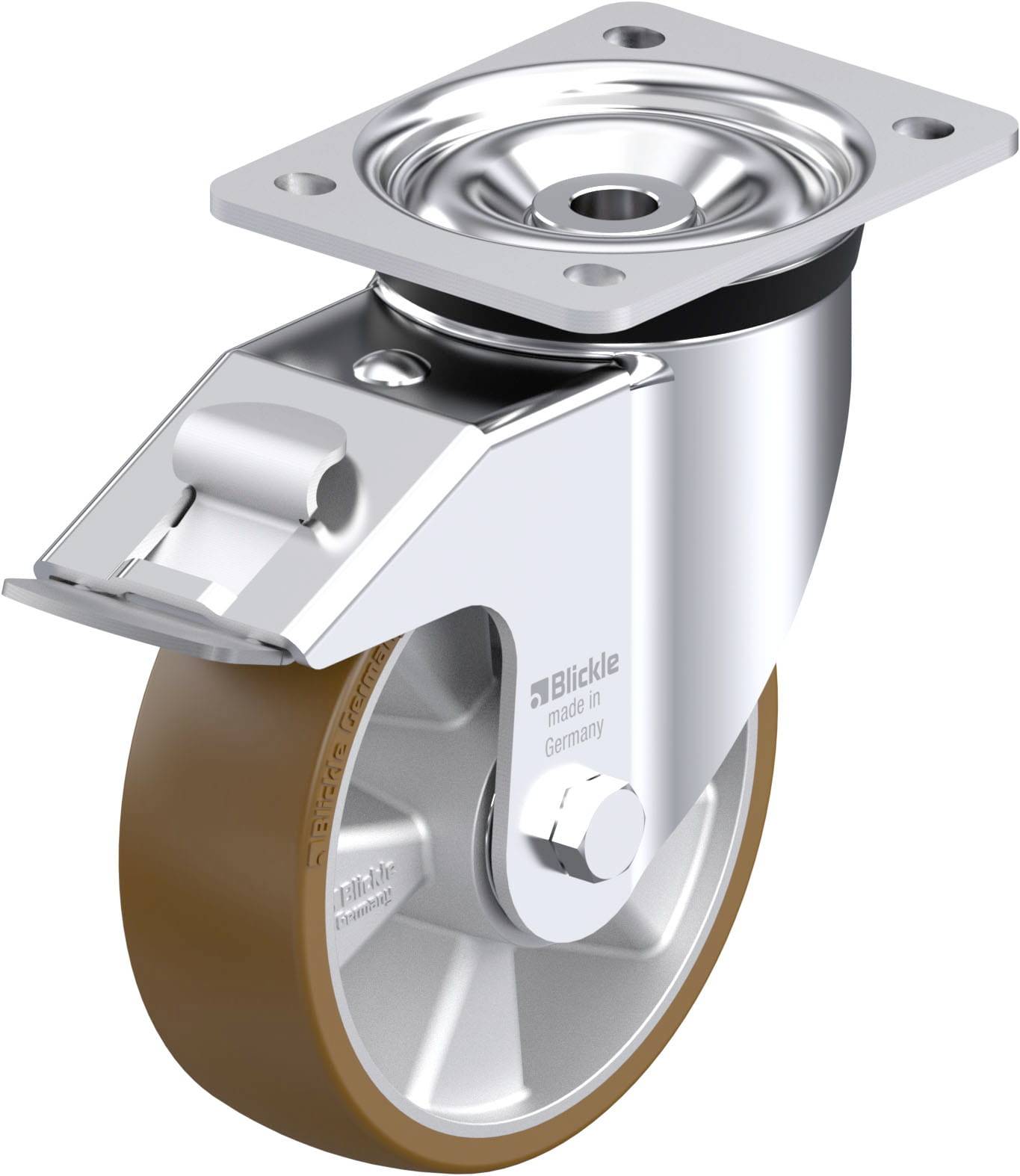 Metallrolle mit braunem Rad und silberner Halterung, geeignet für Möbel oder Transportgeräte in industriellen Anwendungen.