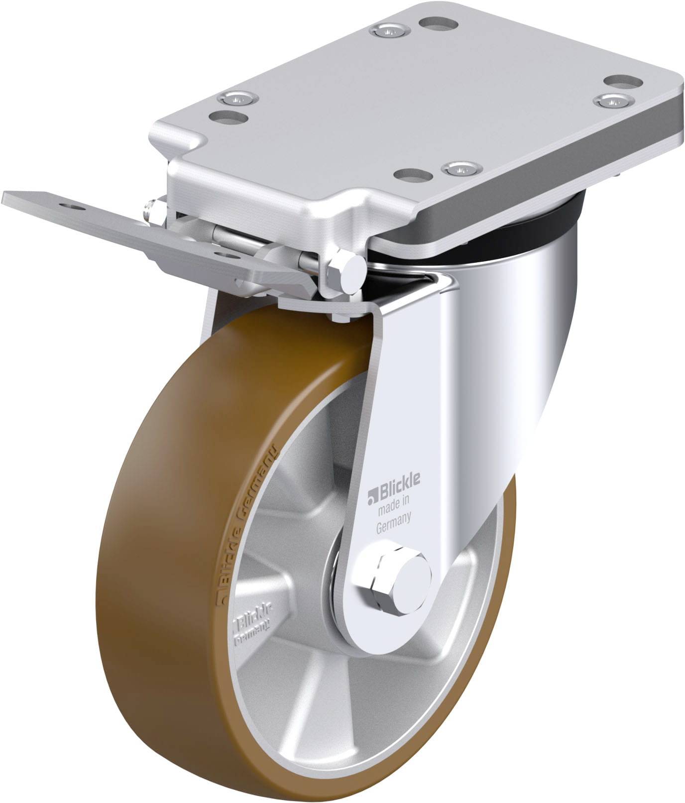 Schwenkrolle mit braunem Rad und Metallgehäuse, geeignet für Transportwagen; steht für Mobilität und industrielle Anwendung.