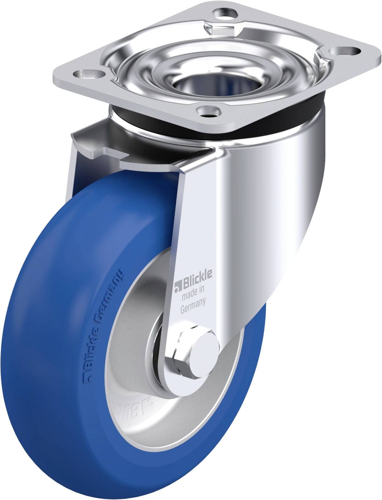 Drehbare Transportrolle mit blauer Radfläche, glänzender Halterung und Befestigungsplatte, geeignet für Möbel und Industrieeinsatz.
