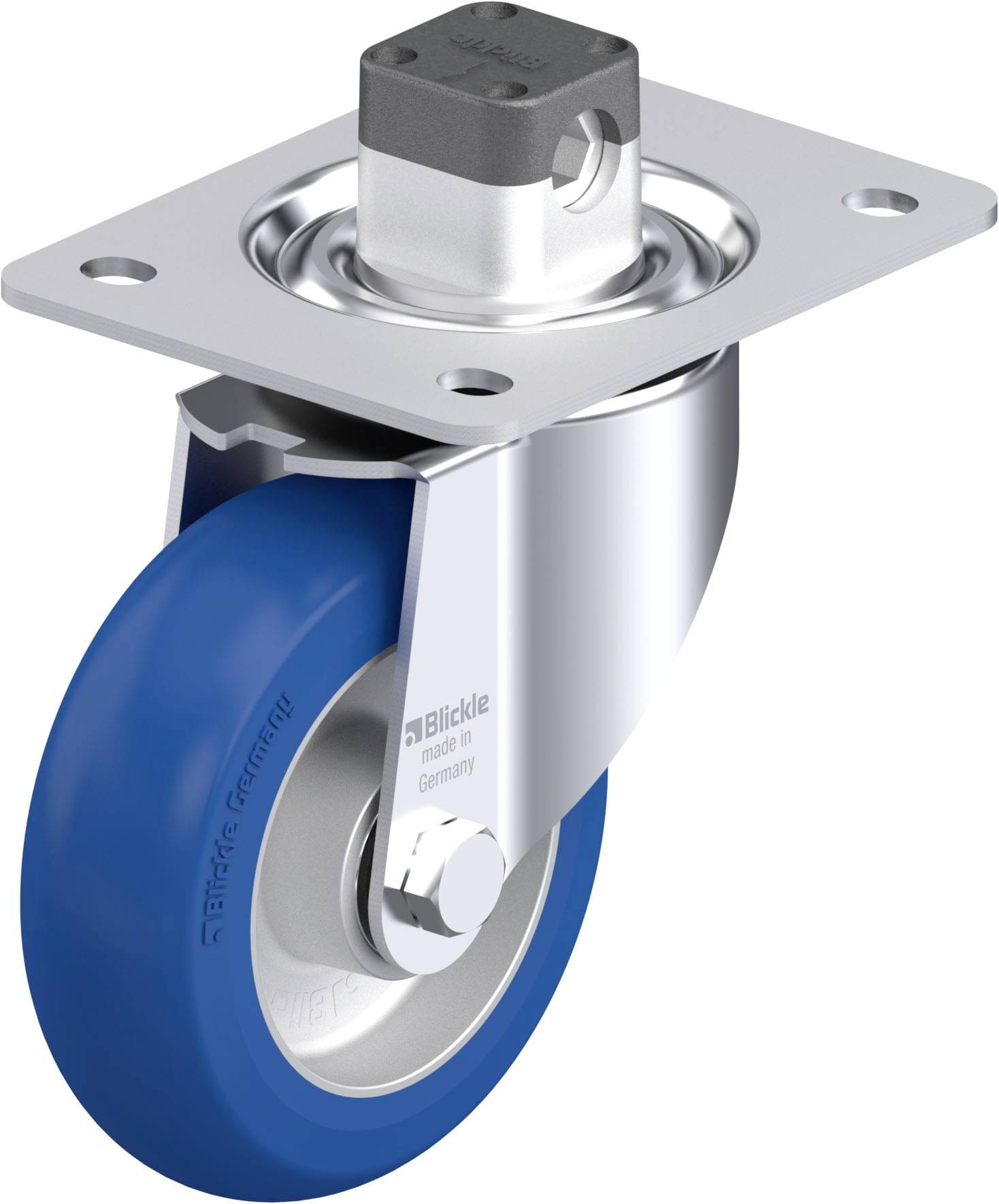 Ein blaues, drehbares Bockrad aus Metall und Kunststoff, mit einem Befestigungswinkel zur Anbringung an Möbel oder Geräten.