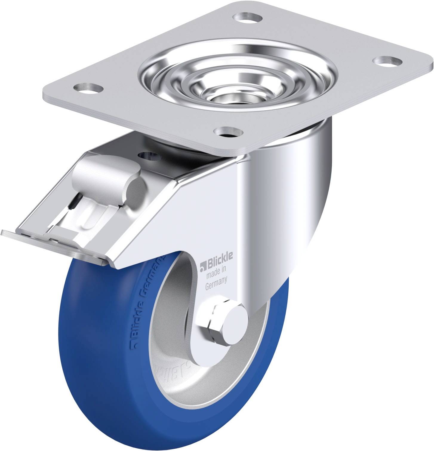 Metallisches Lenkrollenrad mit blauer Gummibereifung, geeignet für Möbel oder industrielle Anwendungen.