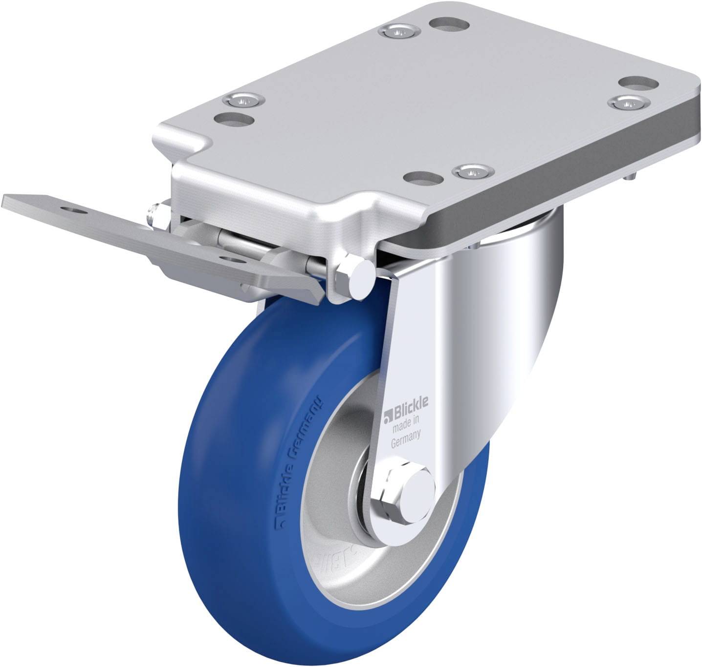 Drehbares Bockrad mit blauer Gummibereifung und Metallhalterung, geeignet für Möbel oder Transportgeräte.