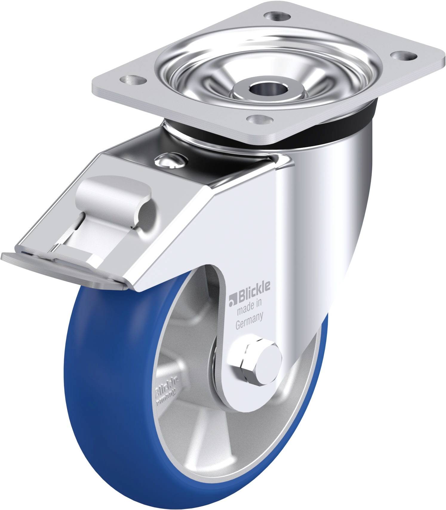 Metall-Lenkrolle mit blauer Gummilauffläche, silbernem Gehäuse und Platte zur Befestigung. Hersteller 'Blickle', made in Germany.