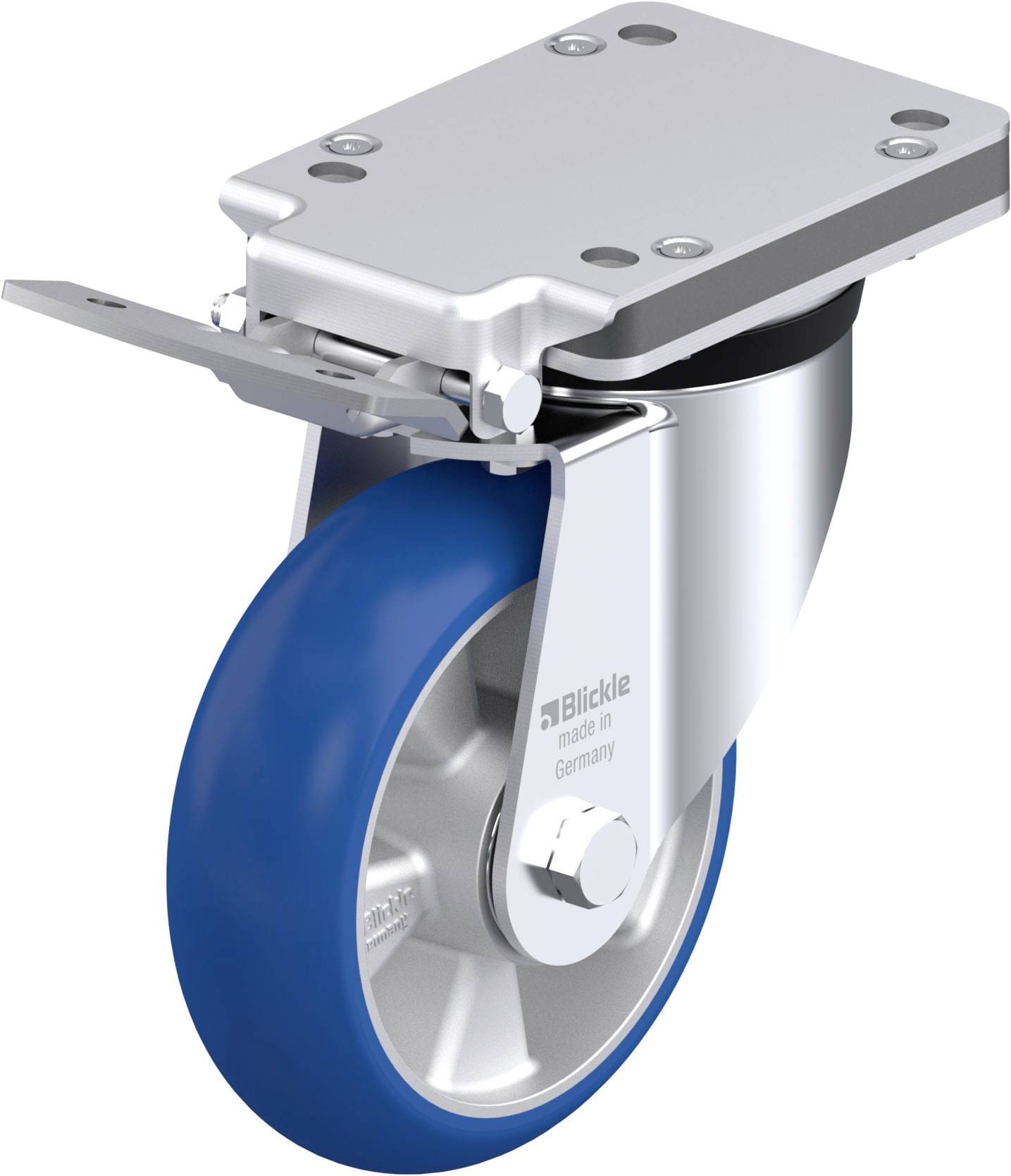 Schwenkrolle mit blauer Gummibereifung und Metallgehäuse, geeignet für Transportwagen. Text auf dem Metall: 'Blickle made in Germany'.
