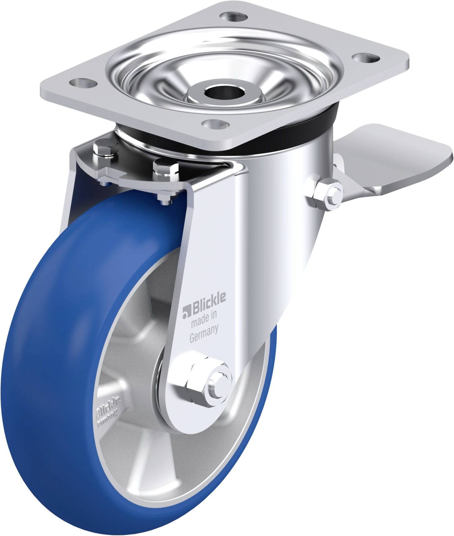 Drehbares Transportrollenrad aus Metall mit blauer Gummilauffläche und Befestigungsplatte, geeignet für Möbel oder Transportwagen.