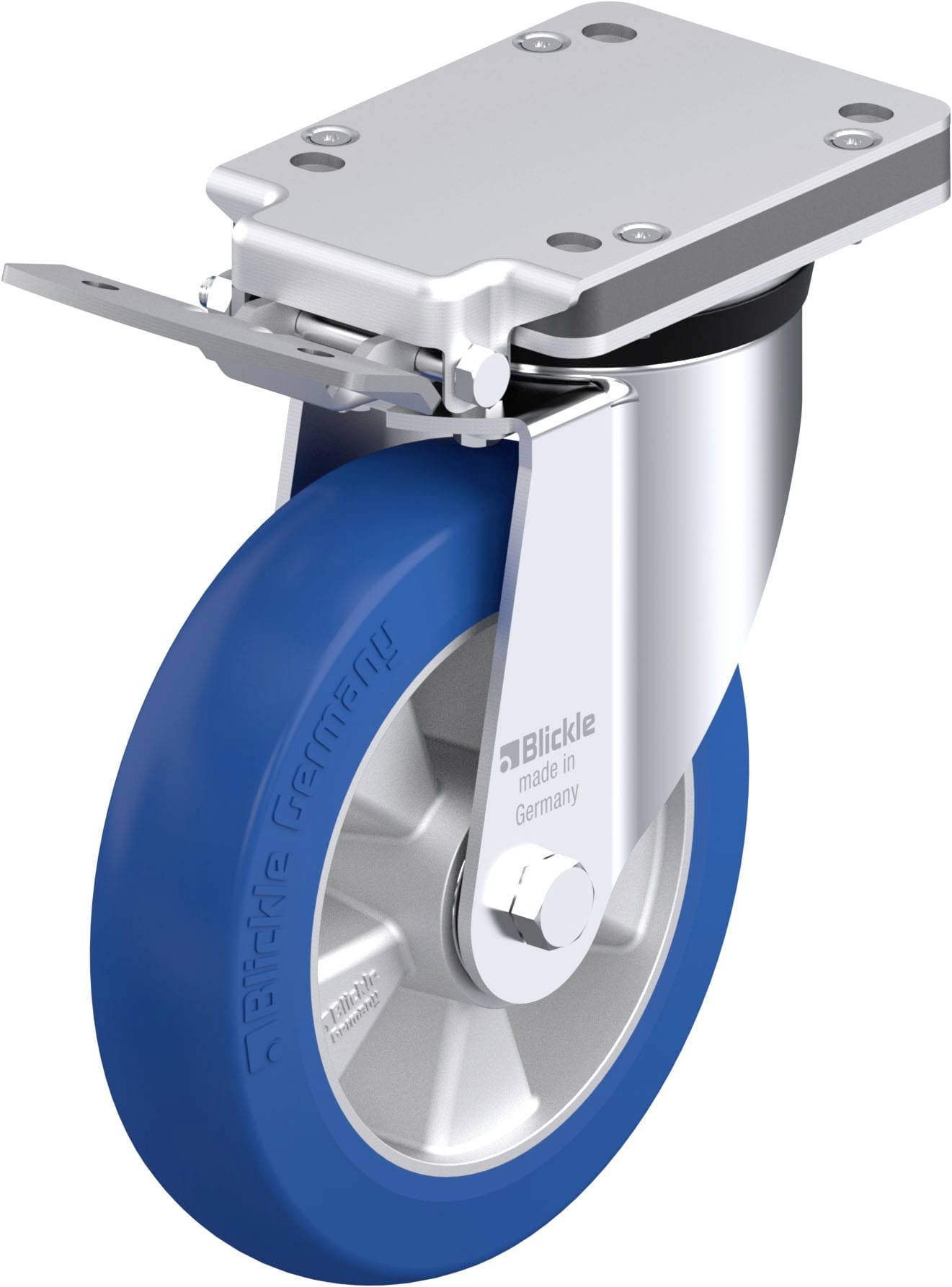 Schwenkrolle mit blauer Gummibereifung und Metallhalterung, geeignet für industrielle Anwendungen. Markierung 'Blickle made in Germany'.