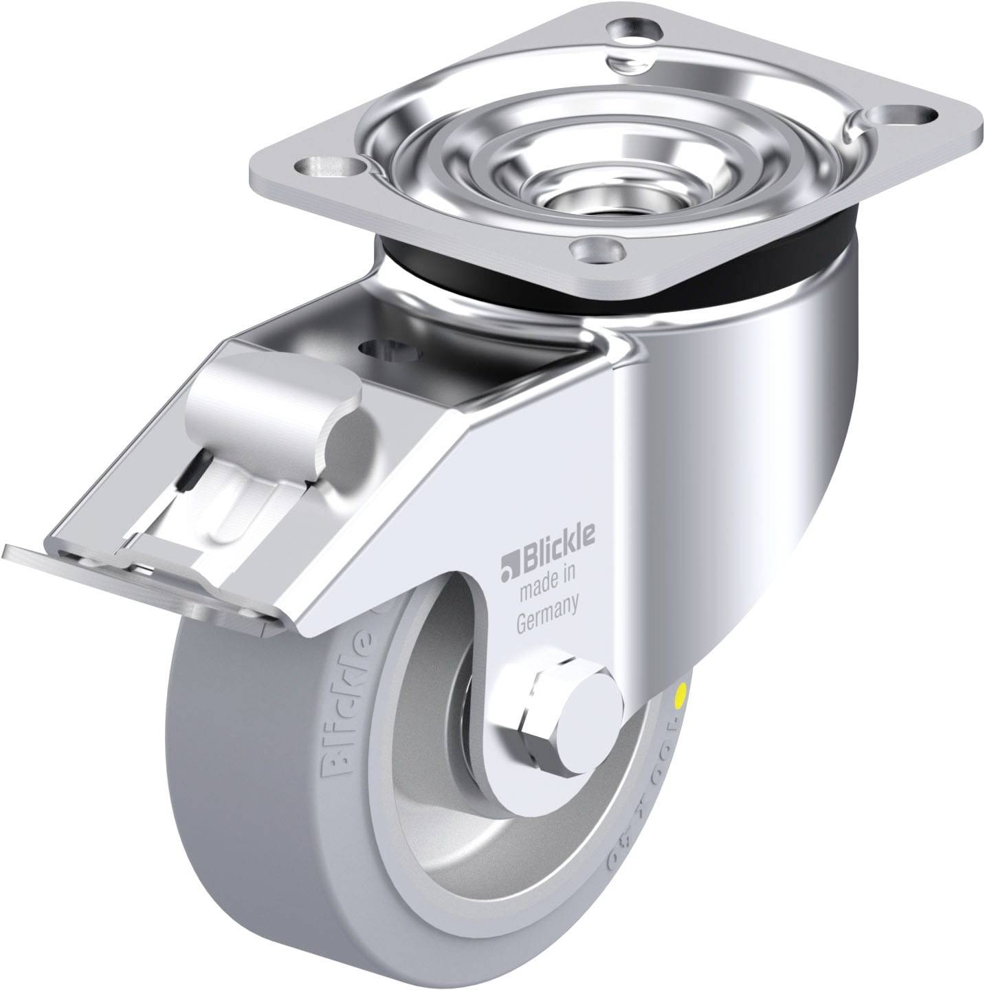 Silberne Bockrolle mit grauem Rad, montiert mit einer Metallplatte. Aufschrift: 'Blickle made in Germany'.