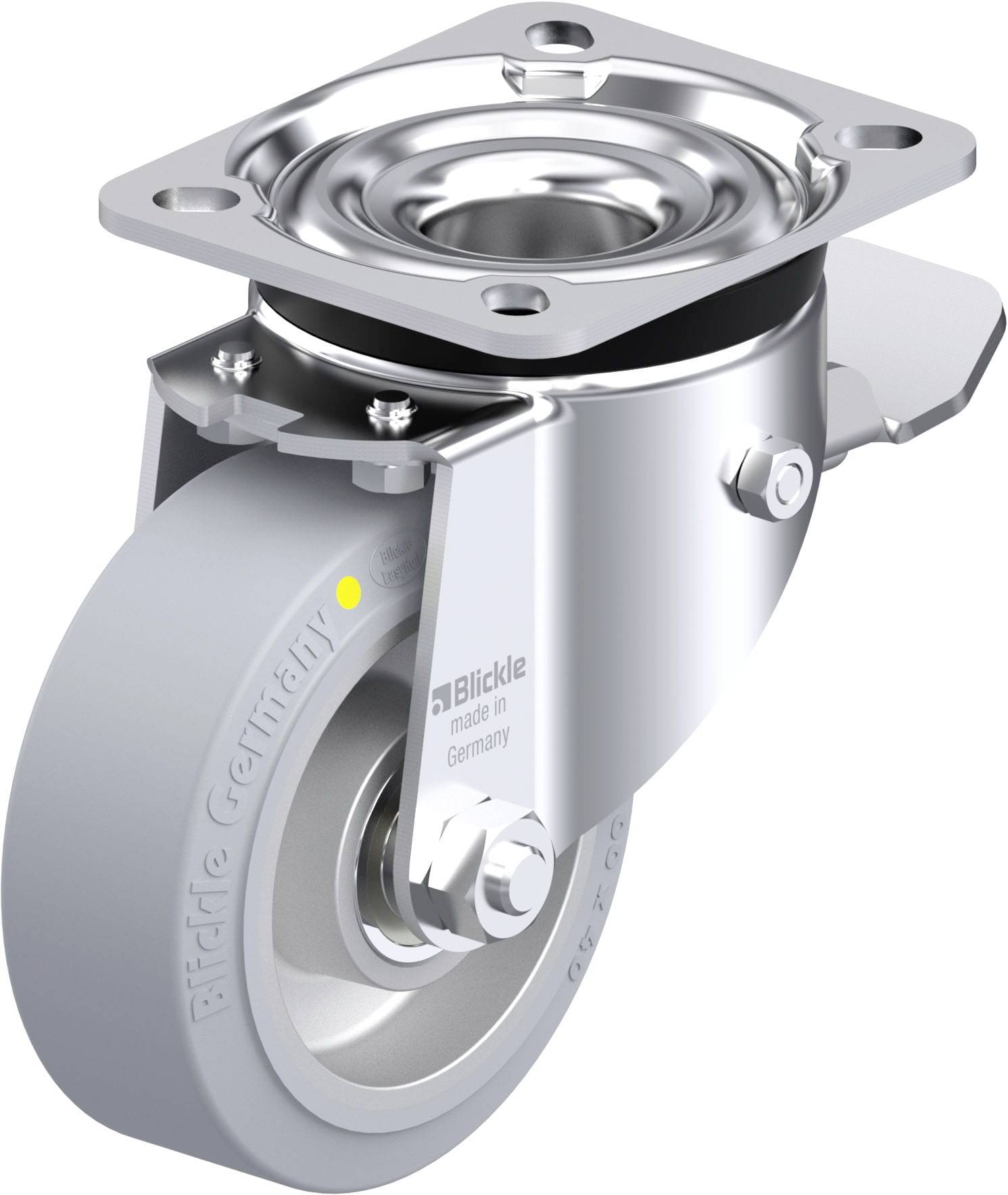 Industrielle Lenkrolle aus Metall mit grauem Gummirad und rechteckiger Befestigungsplatte, geeignet für schwere Lasten.