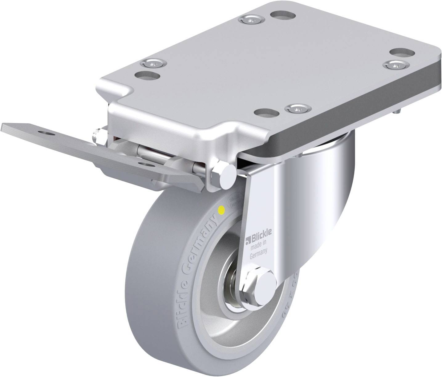 Metallisches Lenkrollenrad mit grauem Gummi, montiert auf einer Metallplatte, geeignet für Möbel oder Geräte mit Bedarf an Mobilität.