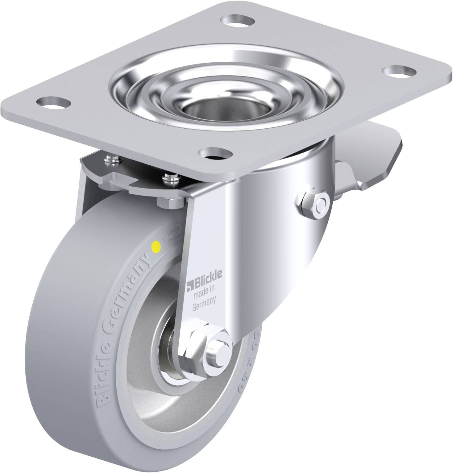 Lenkrolle aus Metall und Gummi mit Befestigungsplatte, BICKLE-Logo sichtbar. Für Transportwagen geeignet.
