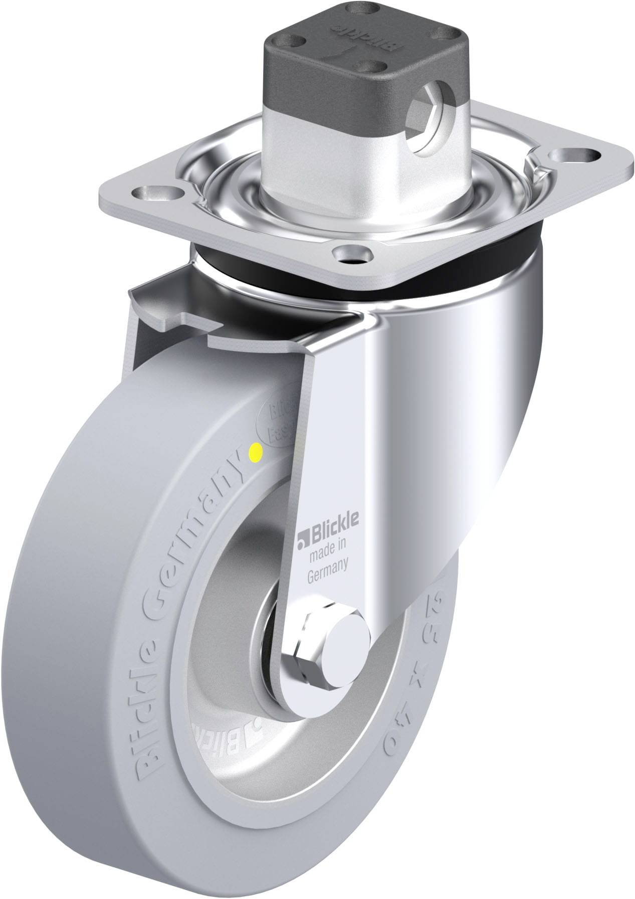 Stahlgraue, drehbare Rollenstütze mit Befestigungsplatte und grauem Rad in modernem Design.