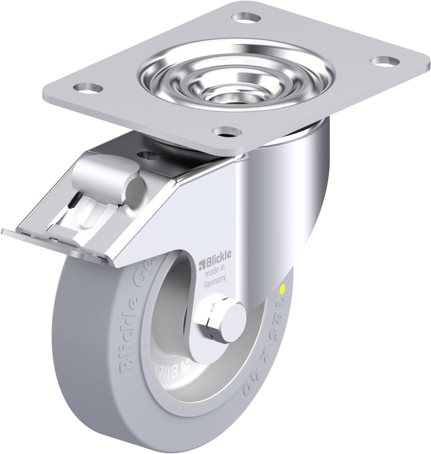 Schwenkrolle aus Metall mit grauem Rad und Befestigungsplatte. Geeignet für industrielle Anwendungen oder Transportwagen.