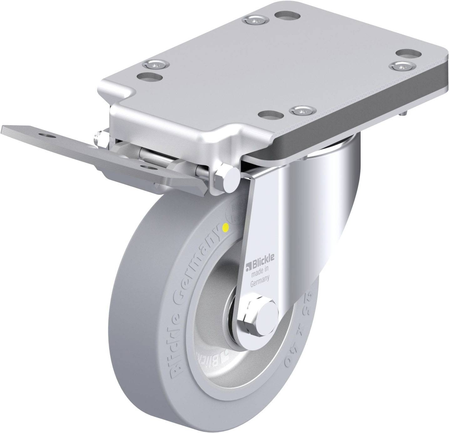 Metallische Lenkrolle mit grauem Gummirad, seitlicher Feststellvorrichtung und Befestigungsplatte für industrielle Anwendungen.