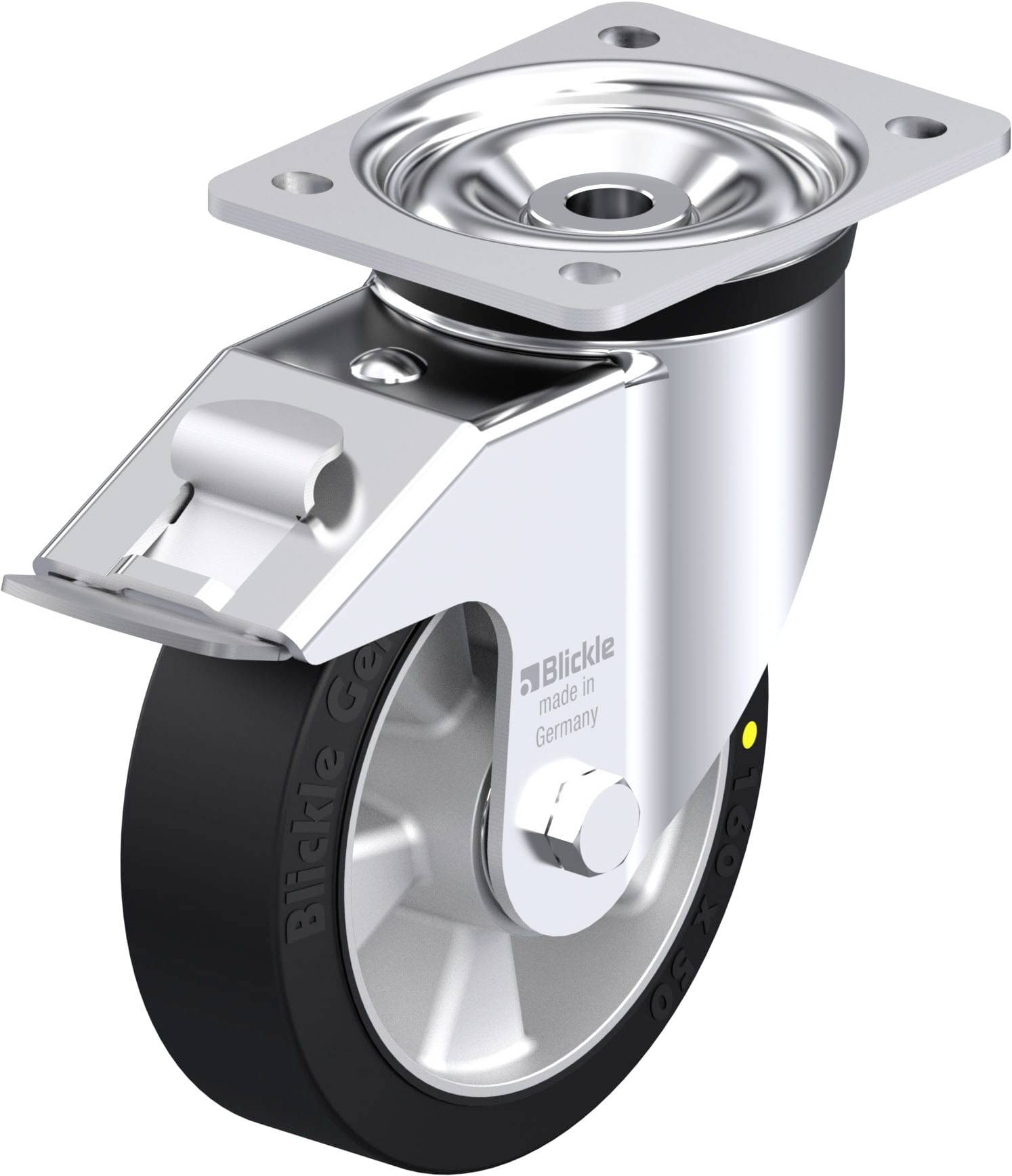 Eine verzinkte Lenkrolle mit schwarzem Rad und Bremse, 'Blickle made in Germany' als Aufschrift.