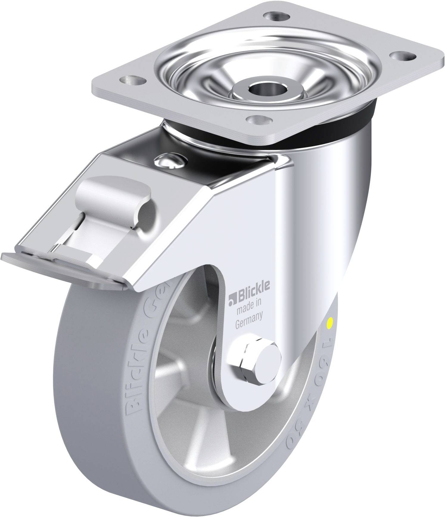 Industrie-Lenkrolle mit Bremse, graues Rad und Metallplatte, von 'Blickle'.