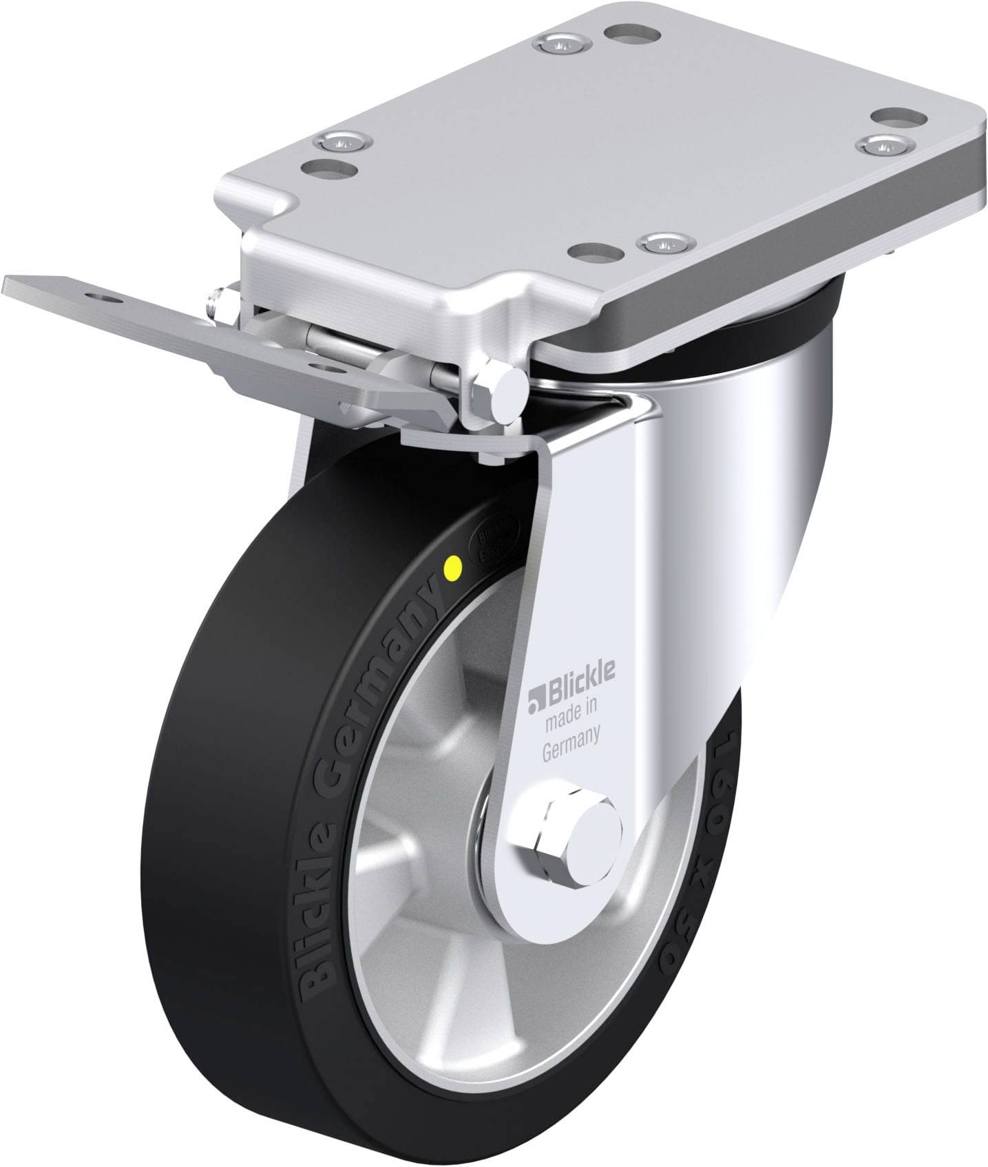 Industrie-Lenkrolle aus Metall und Gummi mit Halterung. Aufschrift 'Blickle Germany'. Verwendet für schwere Lasten und Maschinen.