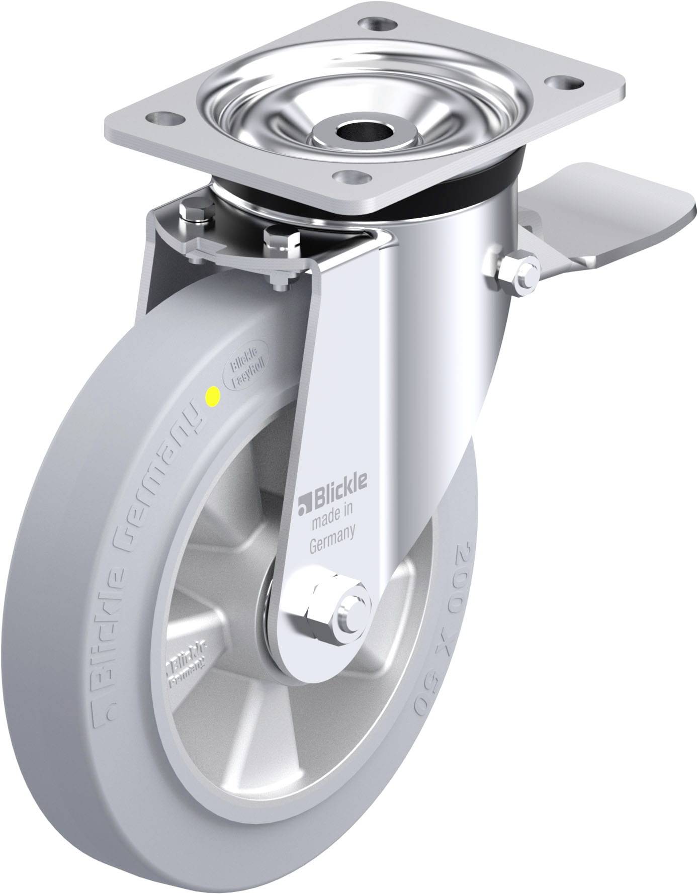 Schwenkrolle aus Metall mit grauem Rad für Industriemöbel, Hersteller 'Blickle', Aufschrift 'made in Germany'.