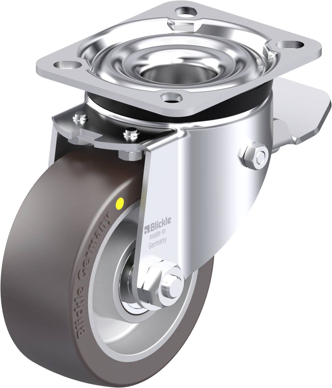 Drehbares Laufrollenrad aus Metall und Kunststoff. Geeignet für schwere Lasten auf ebenen Flächen.