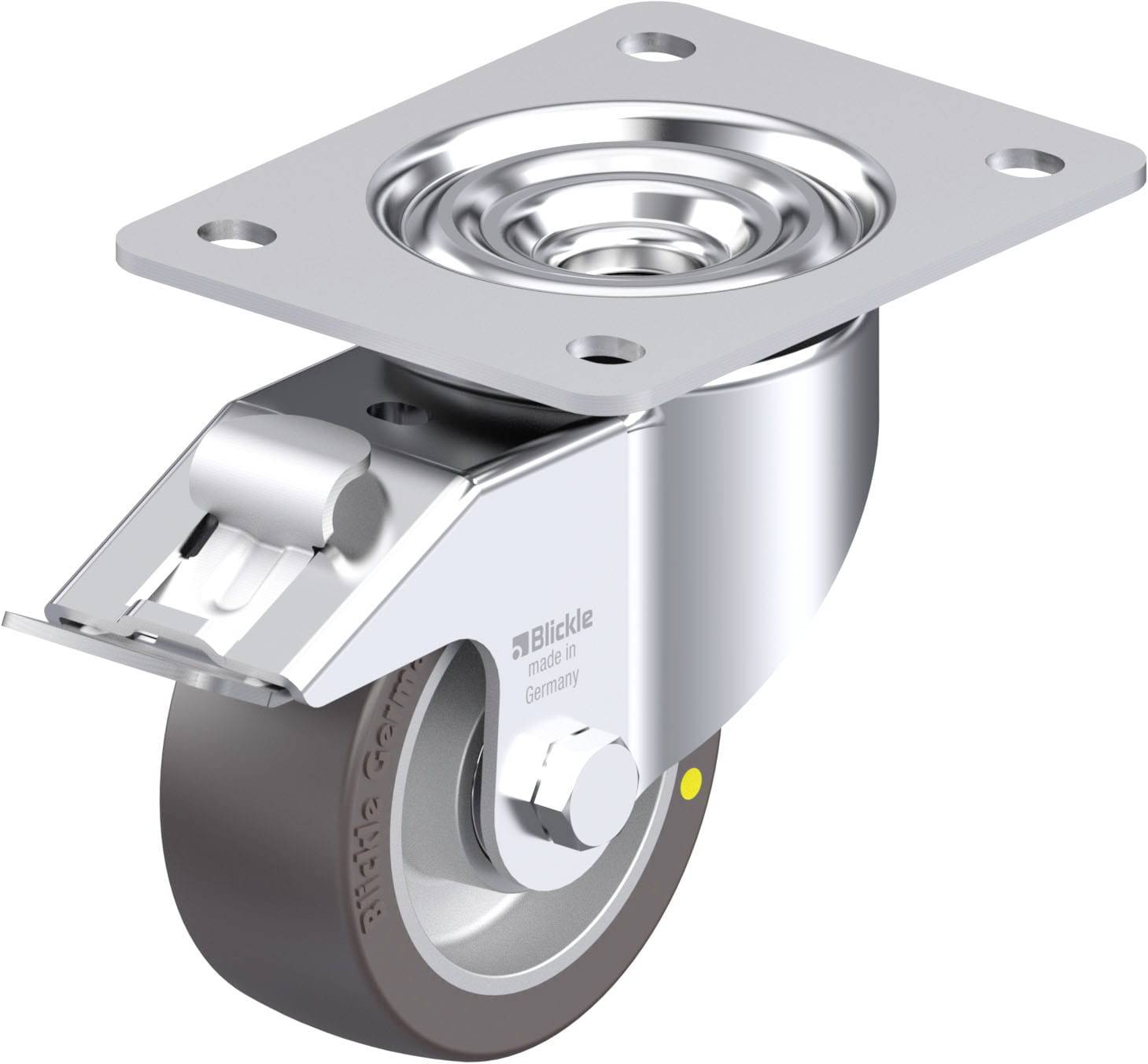 Metallisches Lenkrollenrad mit Befestigungsplatte, Stoßdämpfer und Bremse. Die Rolle ist grau, die Halterung glänzend.