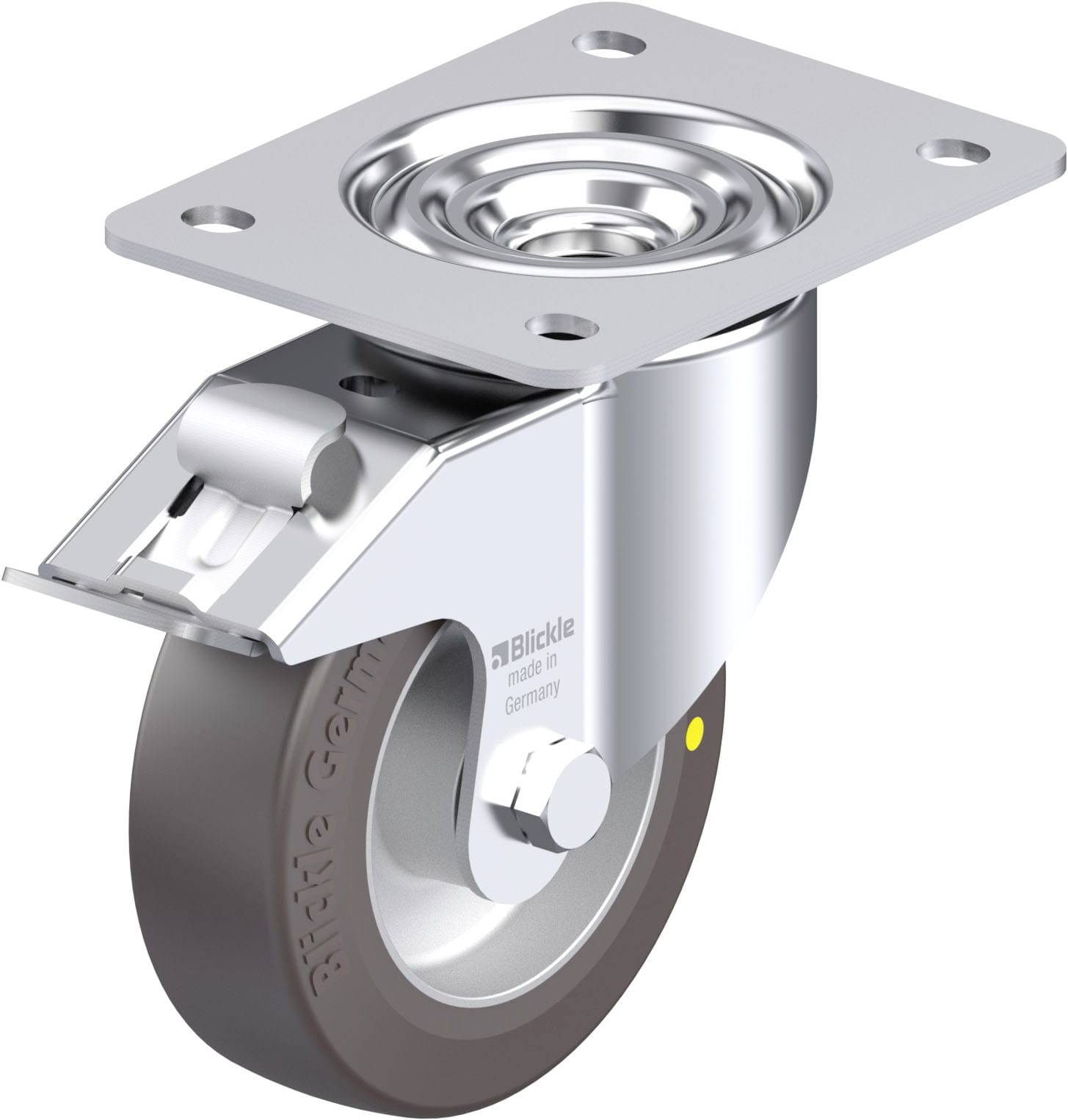 Metallisches Lenkrollenrad mit schwarzem Reifen und Befestigungsplatte, geeignet für Möbel oder industrielle Anwendungen.