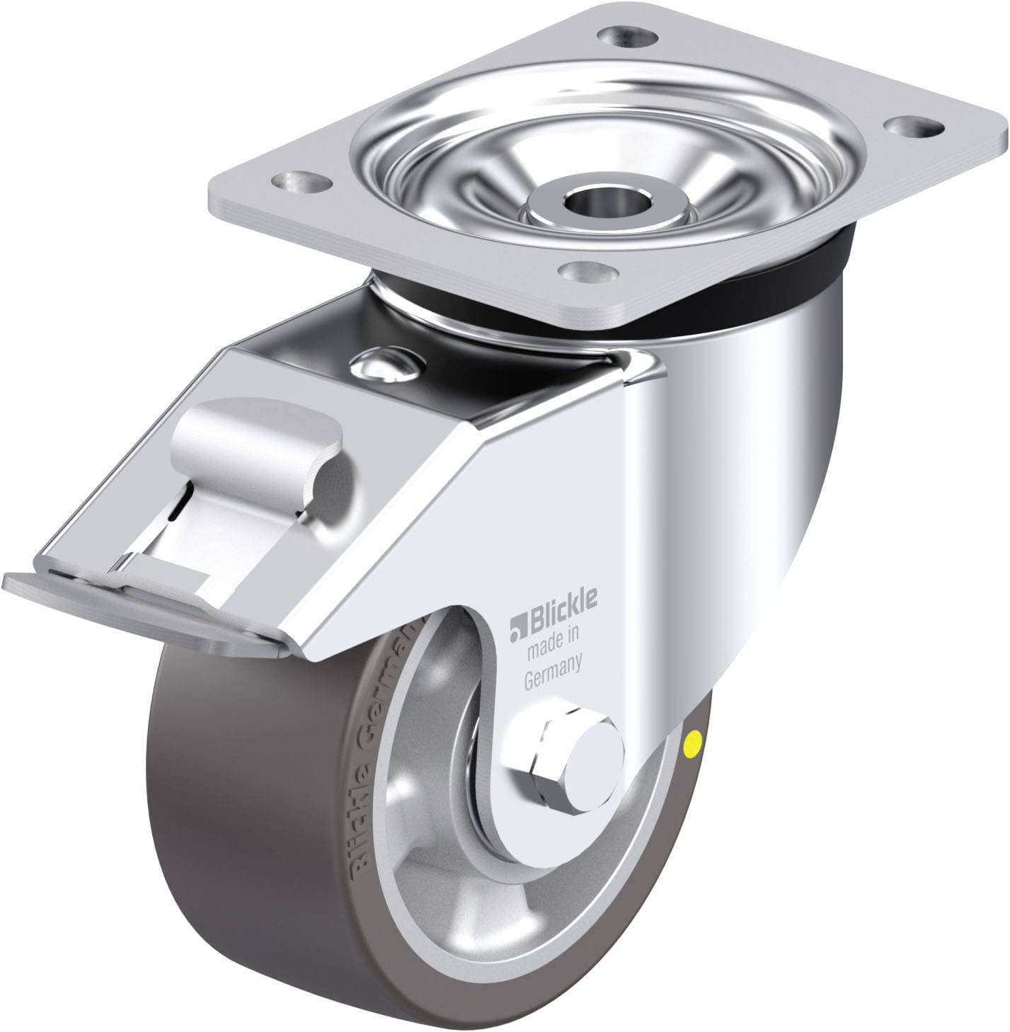Eine silberne Lenkrolle mit grauem Rad und Befestigungsplatte, Aufschrift 'Blickle made in Germany'.