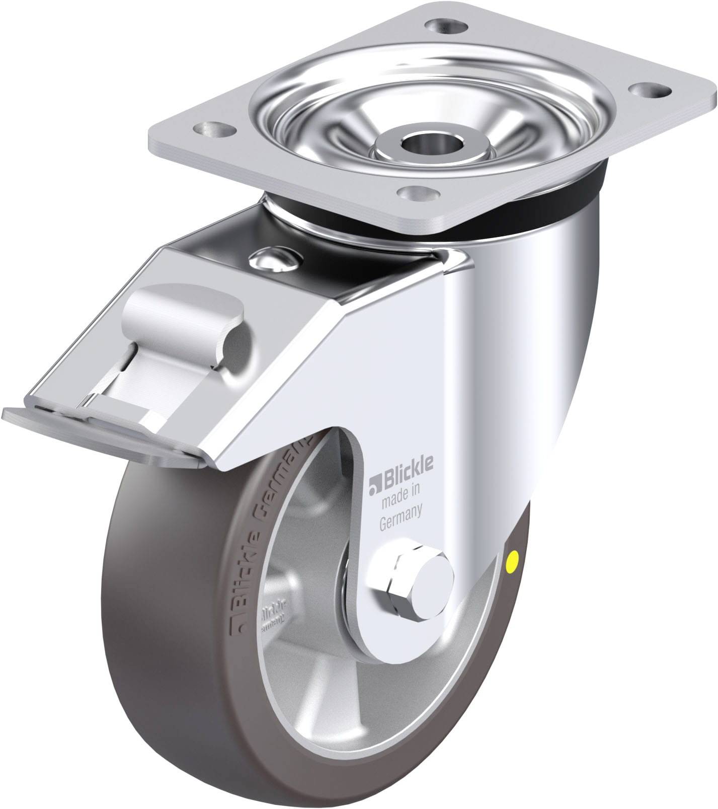 Ein Chrom-Rollenrad mit Montageplatte und Bremse, ideal für Schwerlastanwendungen. Markenkennzeichnung 'Blickle'.
