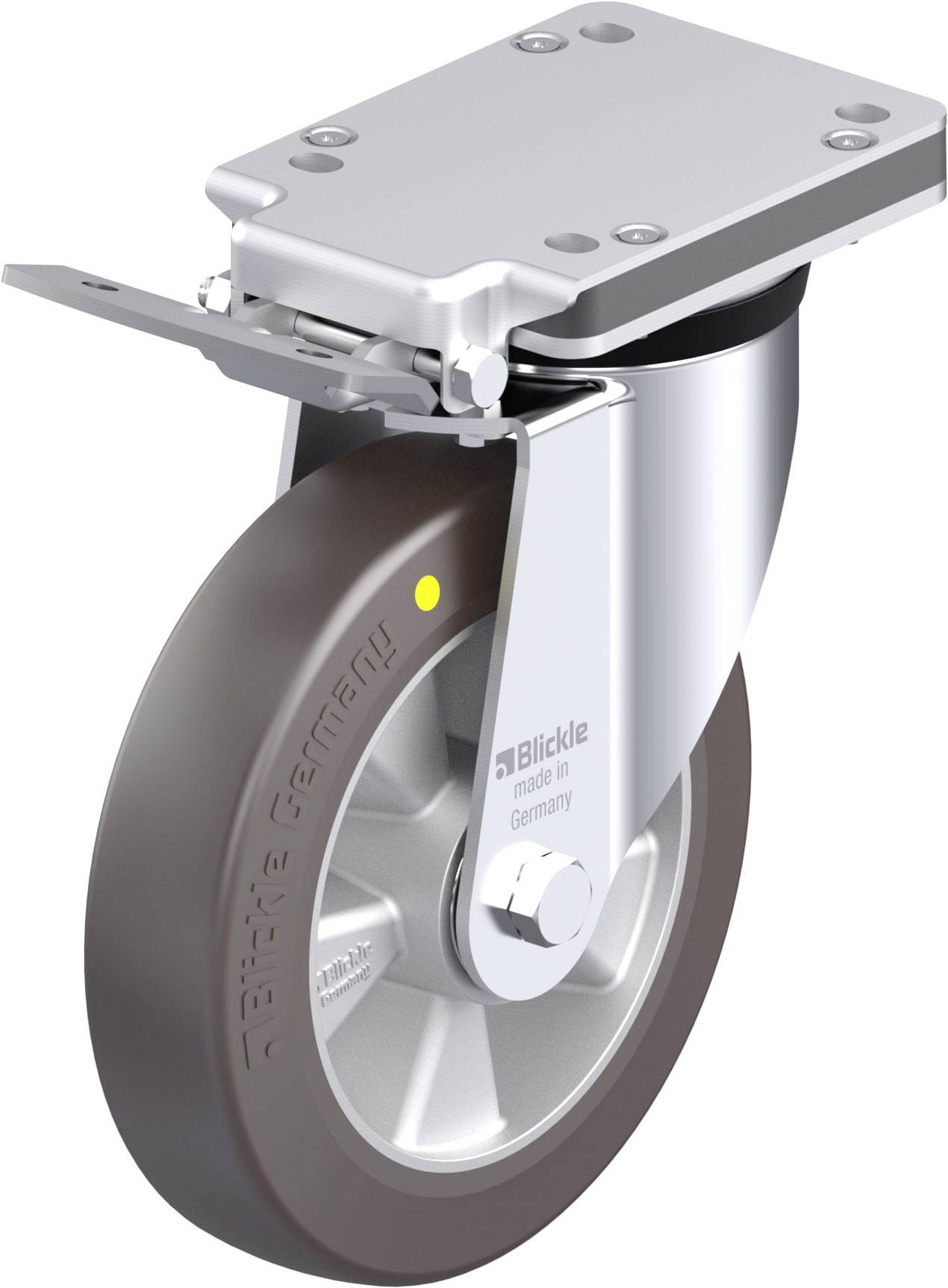Industrie-Lenkrolle mit Bremse, metallisches Gehäuse, gummiertes Rad, 