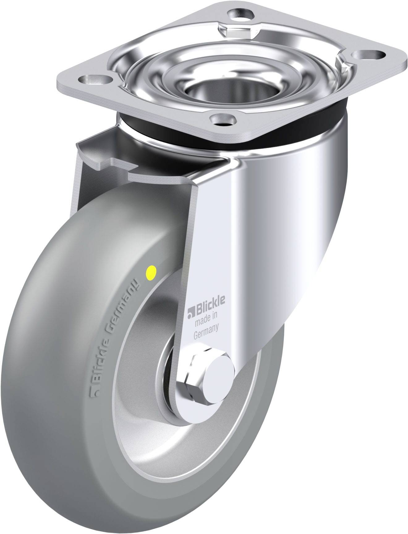 Ein silbernes Lenkrolle mit Metallgehäuse und grauer Gummireifen, versehen mit der Aufschrift 'Blickle'.