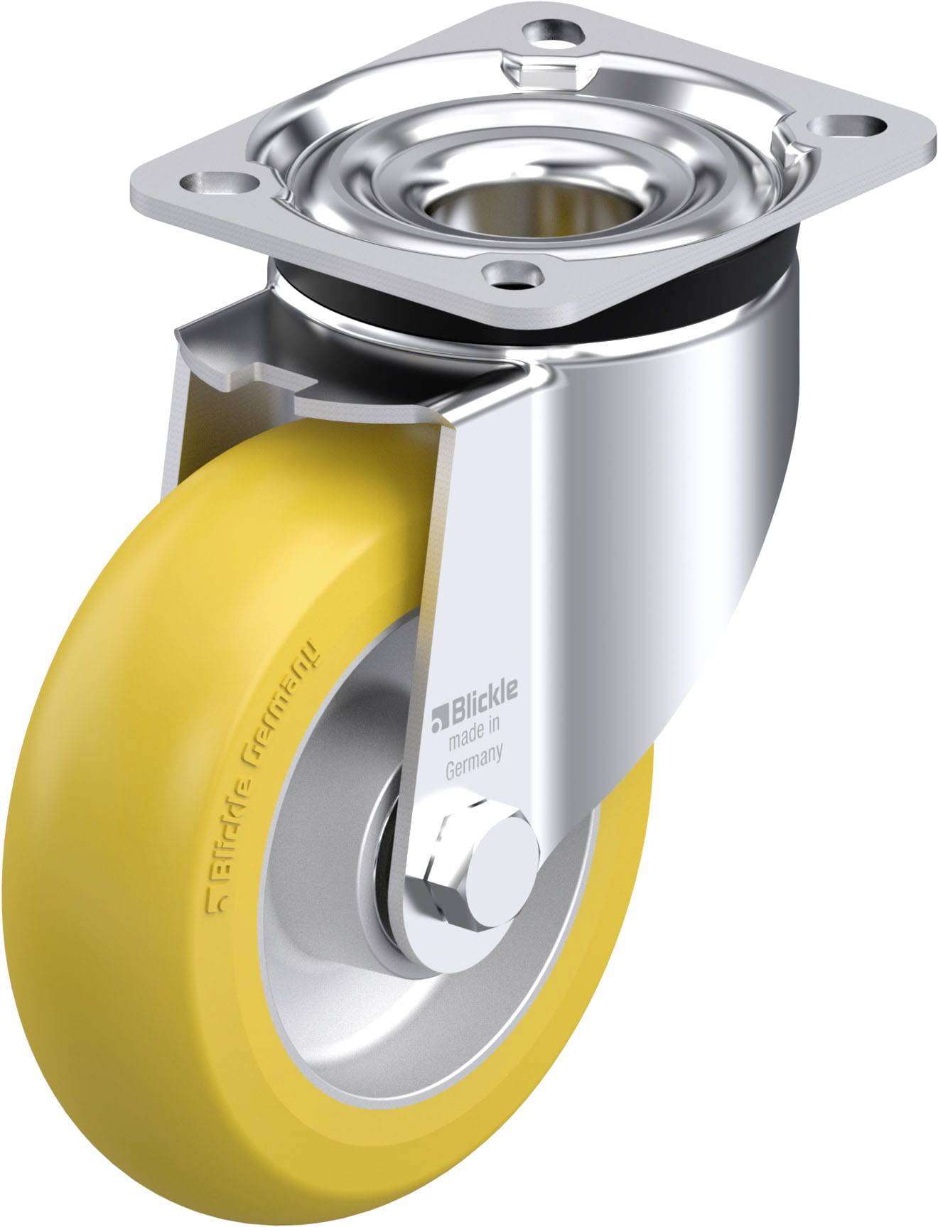 Ein drehbares Laufrollenrad mit gelbem Gummi und silbernem Metallgehäuse, geeignet für Transportwagen oder Möbel.