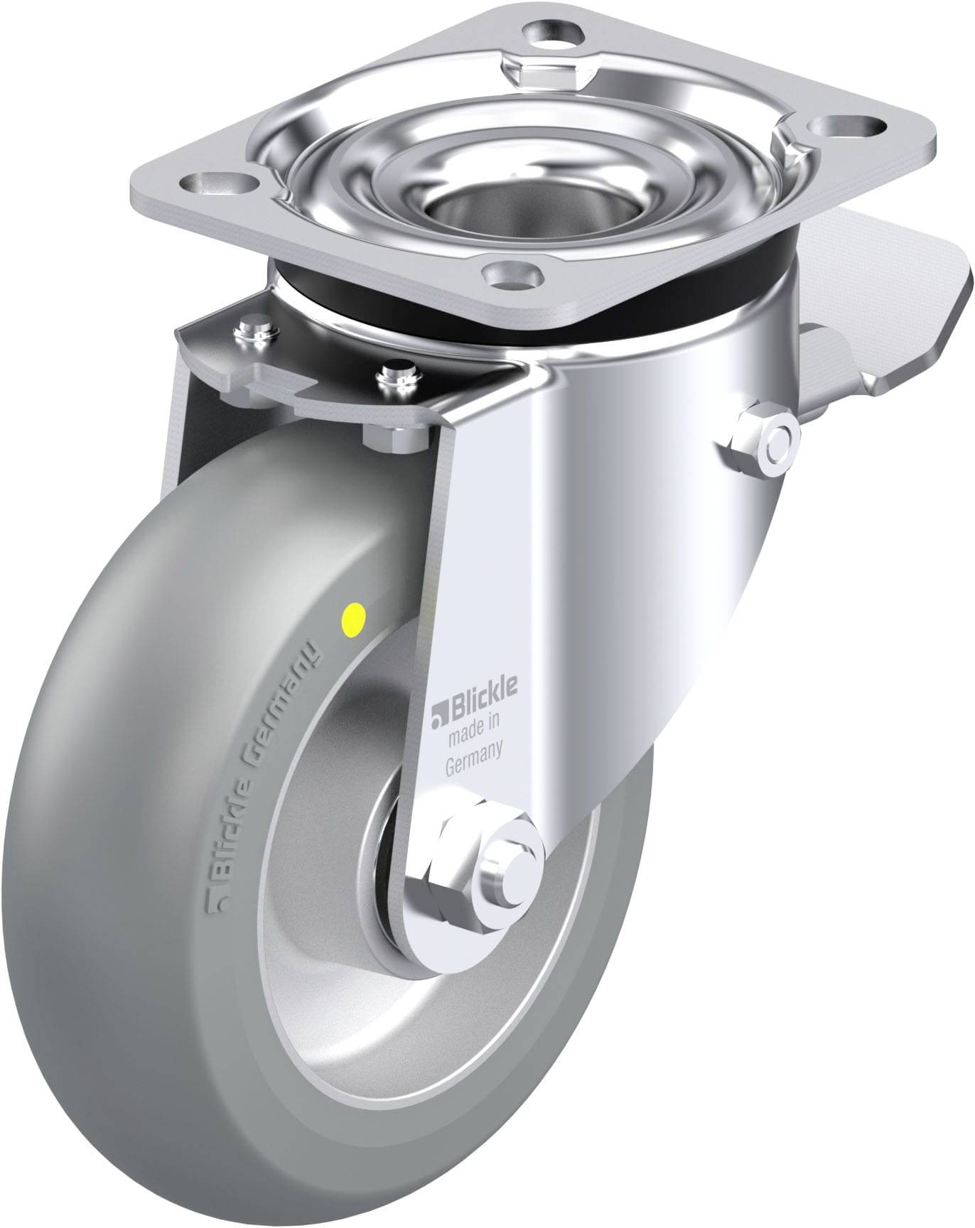 Schwenkrolle aus Edelstahl mit grauem Rad und Befestigungsmontage. Geeignet für industriellen Einsatz.